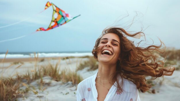 Photo carefree woman laughing and running on the beach with a kite in the background