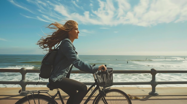 Photo carefree woman rides her bicycle along the beach enjoying the ocean air and the warm sun