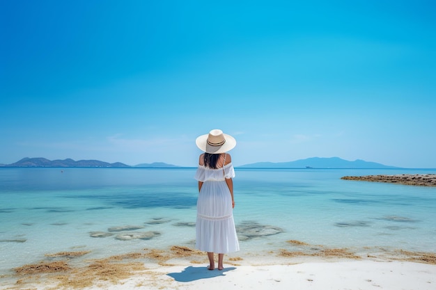 A carefree young Asian woman on holiday standing on a picturesque sandy beach her back facing the