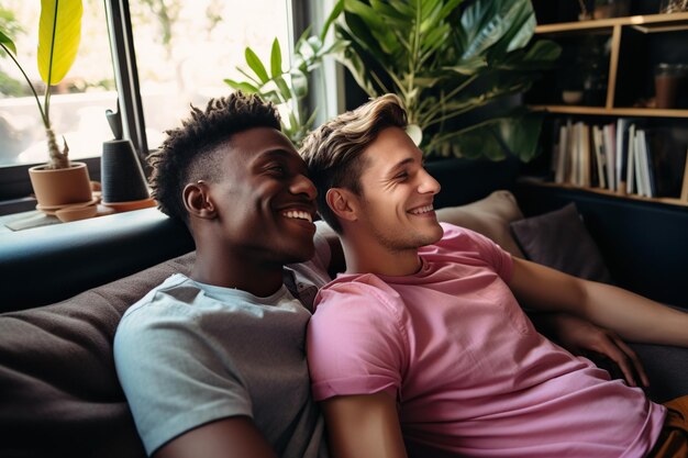 Carefree young gay couple relaxing on a couch