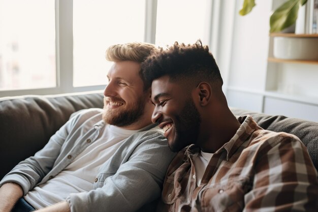 Carefree young gay couple relaxing on a couch