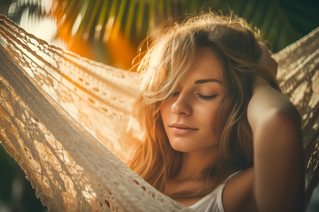 Carefree young woman portrait relaxing in hammock Generative AI illustration