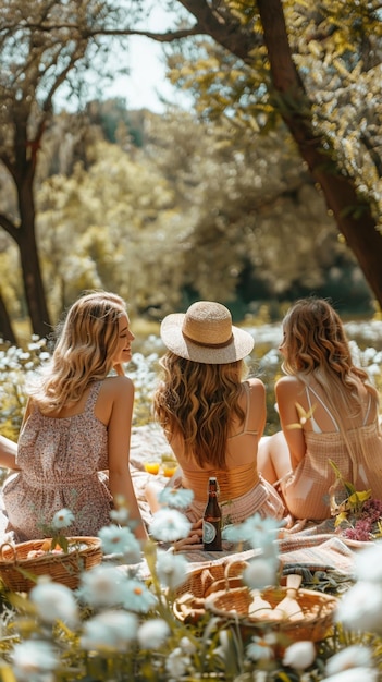 Carefree Young Women Enjoying a Spring Picnic in Nature with Drinks and Conversations