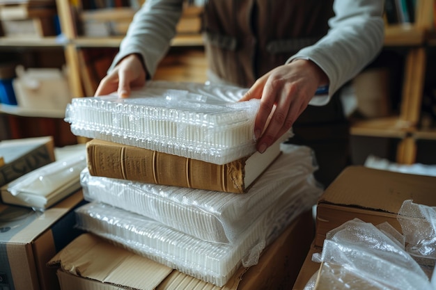 Photo careful book wrapping for a move hands preparing books with bubble wrap in a neat workspace