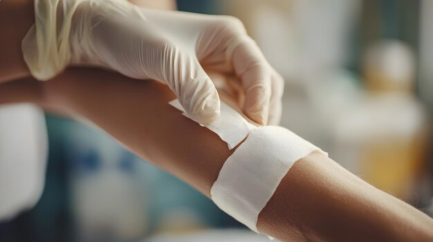 Photo careful dressing application on arm woundcloseup of gauze bandaging process for medical treatment