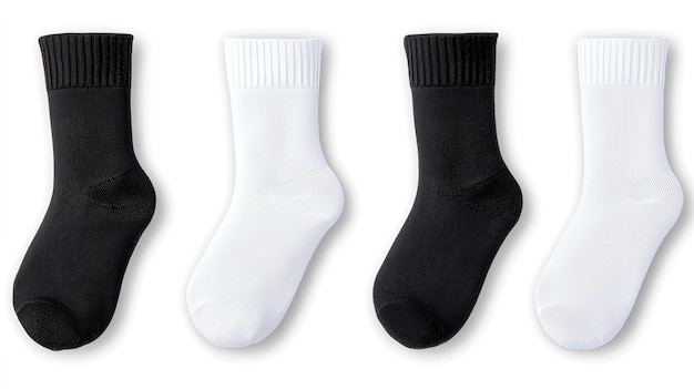 Photo a carefully arranged display features black and white socks set against a light blue background highlighting their textures and design in a studio environment