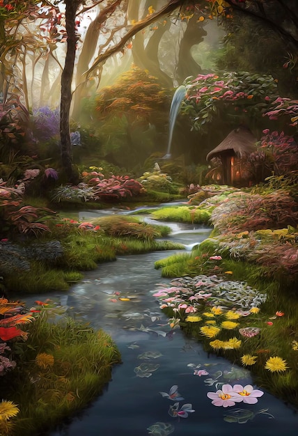 A carefully manicured water path through an elvish forest cozy and delightful colors autumn features flowers and butterflies bubbles and bees