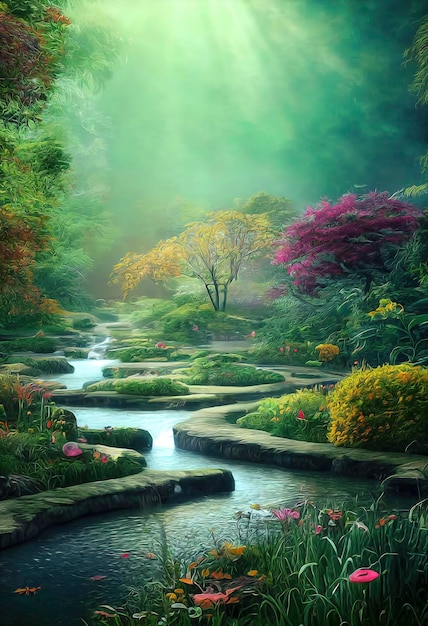 A carefully manicured water path through an elvish forest cozy and delightful colors autumn features flowers and butterflies bubbles and bees