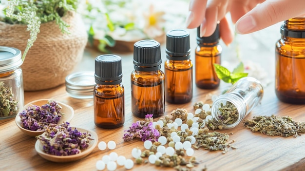 Carefully mixing essential oils and herbs in small bottles creates unique blends