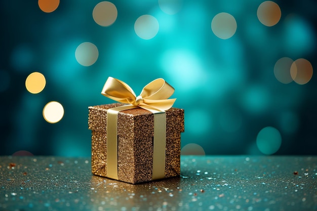 A carefully wrapped Christmas gift box set against a magical sparkling turquoise bokeh backdrop