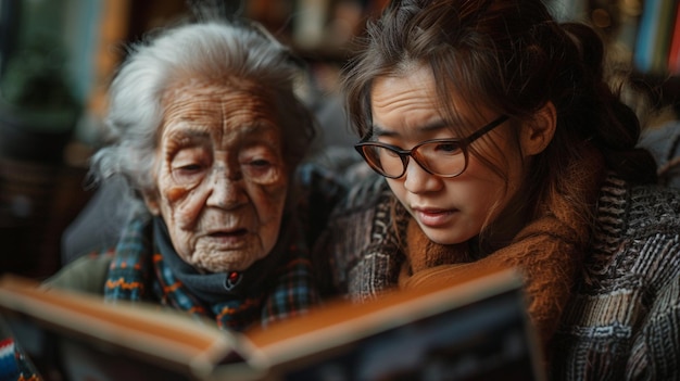 A Caregiver Aiding An Elderly Woman In Setting minimal drawing