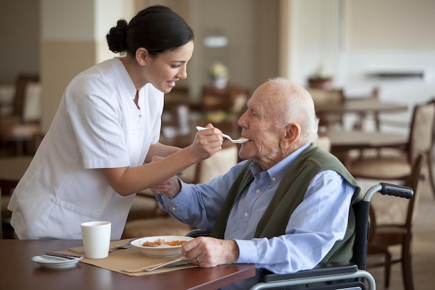 Caregiver aids elderly man with meal