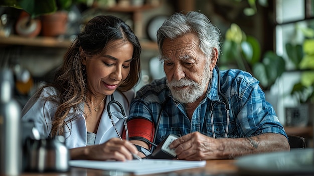 A Caregiver Assisting An Elderly Man With His Blood minimal drawing