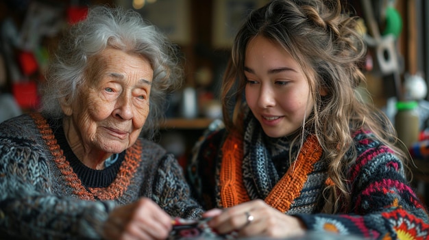 A Caregiver Assisting An Elderly Woman In Knitting vector drawing