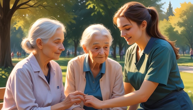 A caregiver and elderly people