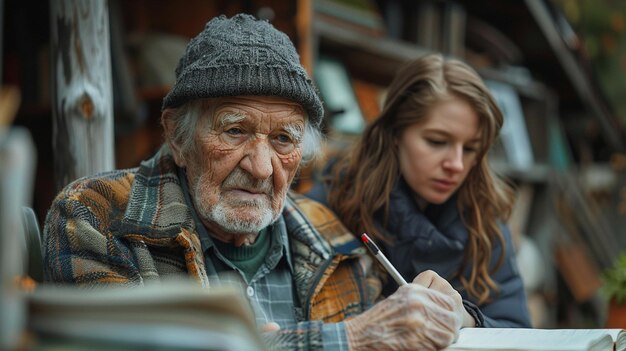 Photo a caregiver helping an elderly man with his journal wallpaper