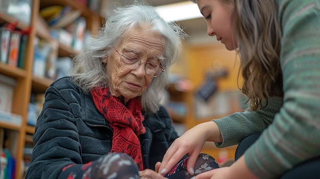 Photo a caregiver helping patient put wallpaper