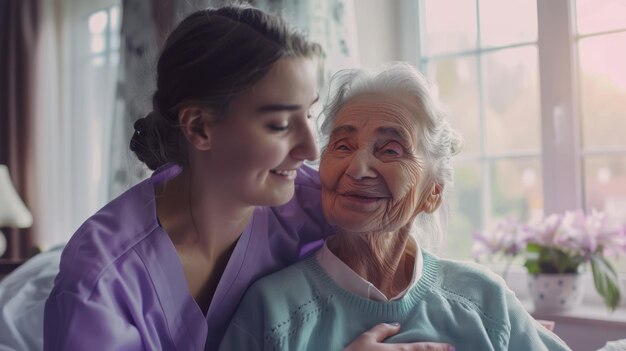 Photo the caregiver hugging the elderly woman