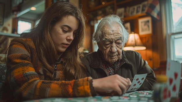 A Caregiver And Patient Enjoying Game Cards clipart