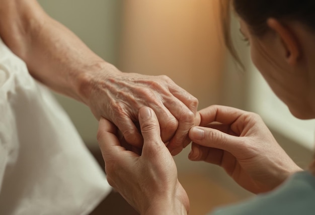 Photo a caregivers hands gently holding an elderly persons hand symbolizing care and support