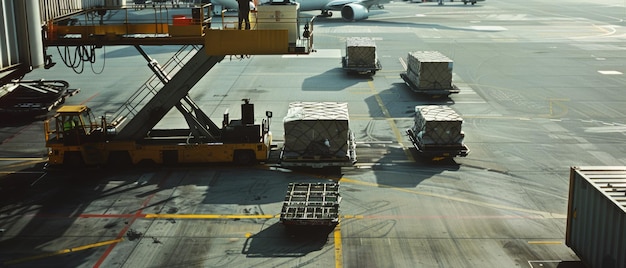 Photo cargo being loaded onto an airplane at a busy airport showcasing the logistics and coordination necessary for global air freight transportation