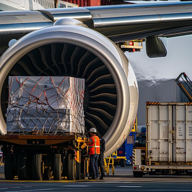 Photo a cargo container is loaded onto a plane