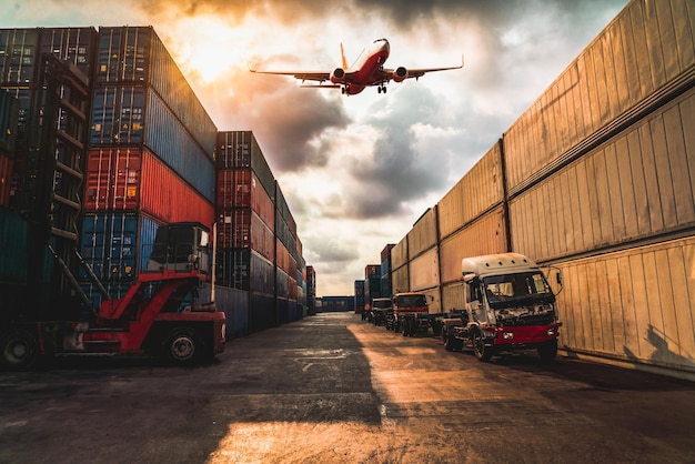 Cargo container for overseas shipping in shipyard with airplane in the sky