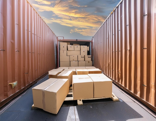 A cargo container packed with neatly arranged cardboard boxes ready for shipping