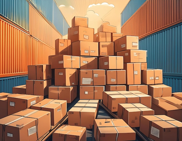 A cargo container packed with neatly arranged cardboard boxes ready for shipping