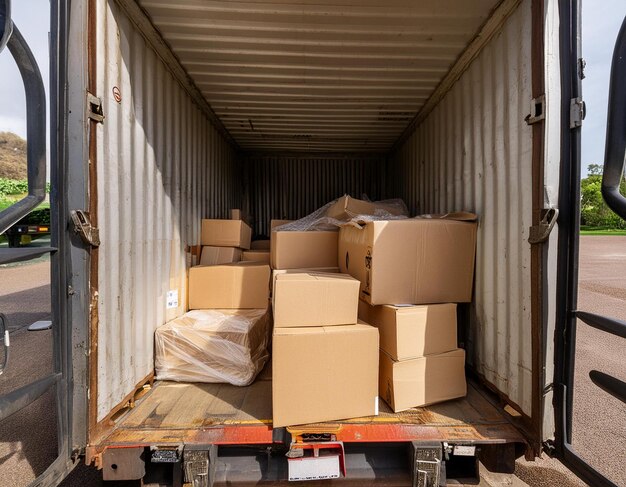 A cargo container packed with neatly arranged cardboard boxes ready for shipping