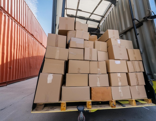 A cargo container packed with neatly arranged cardboard boxes ready for shipping