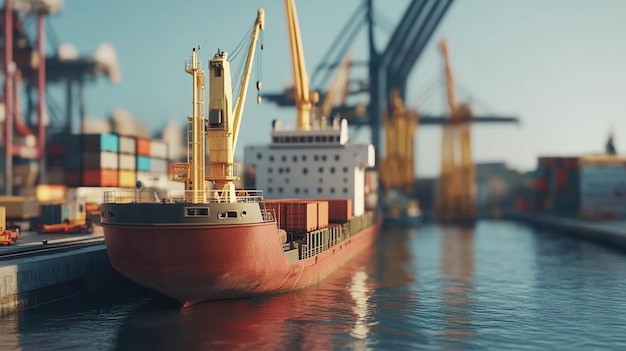 Photo a cargo container ship at the sea port for loading or unloading cargo with large crane