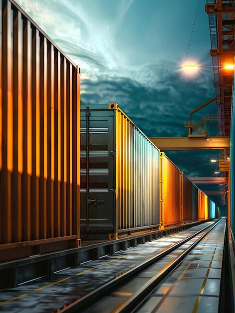 Cargo Containers on a Rail Track at Night A row of cargo containers sit on a rail track in a port