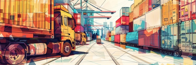 Cargo Containers and Trucks at the Port A colorful illustration of cargo containers and trucks at