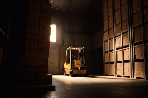 Cargo forklift storage warehouse distribution delivery box logistic transportation sun Generative AI