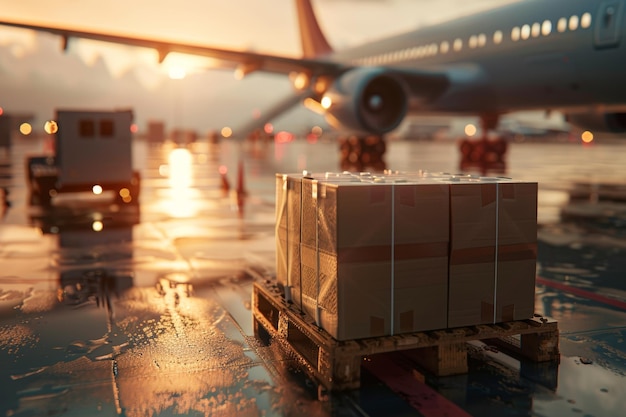 Cargo Pallets Awaiting Shipment at Sunset on the Airport Tarmac