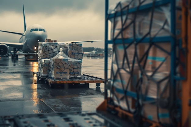 Photo cargo plane being loaded with boxes on a rainy day at the airport