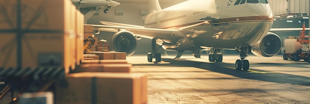 Photo cargo plane being loaded with freight a logistics center highlighting efficient airmail shipping