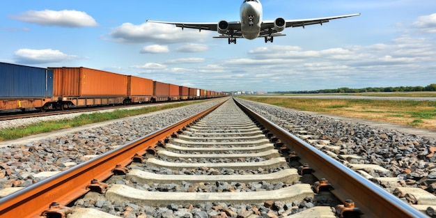 Photo cargo plane flying above container trains on railway tracks