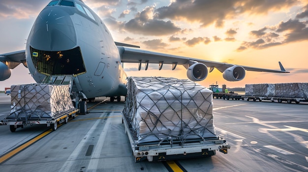 a cargo plane is loaded with cargo on the tarmac