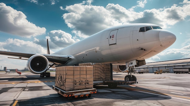 Cargo plane loading on runway with packages