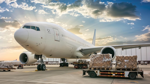 Cargo plane loading on runway with packages