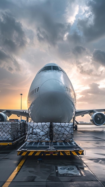 Cargo plane loading on runway with packages