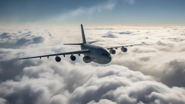 A cargo plane in mid flight surrounded by a cloud AI generated