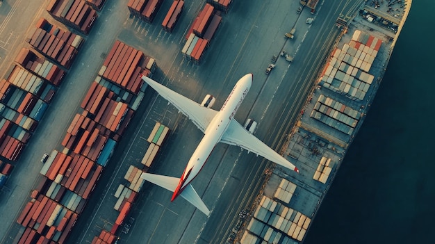 Photo cargo plane soars above busy container terminal with trucks in queue