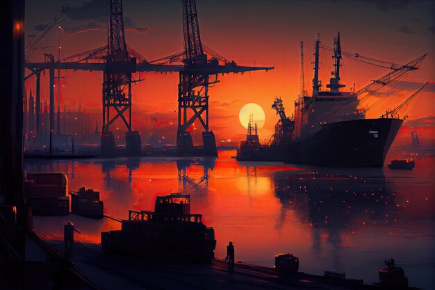 Cargo port at twilight with the sun setting behind the skyline