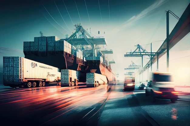 Cargo port with blurry fastmoving cars and trucks for double exposure effect