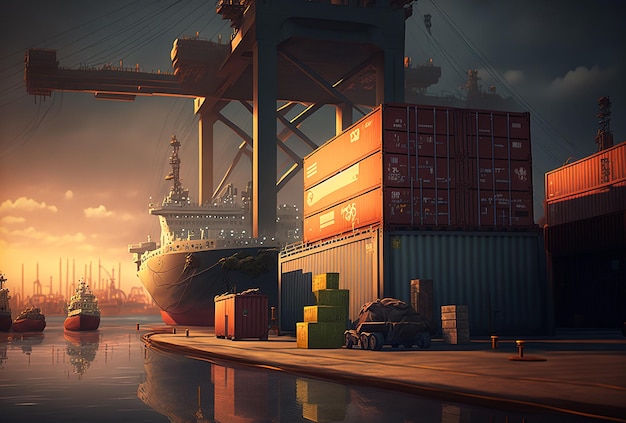 Cargo seaport in its working rhythm with many ships and cargo and cranes at sunset illustrative ai