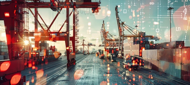 A cargo ship in a bustling harbor surrounded by cranes and shipping containers embodies global trade under a vibrant sunset