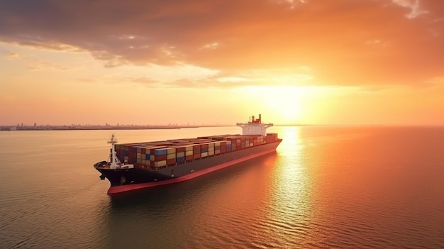 A cargo ship carrying containers on the water as dusk falls Global business logistics history in import and export shipping and freight The Generative AI